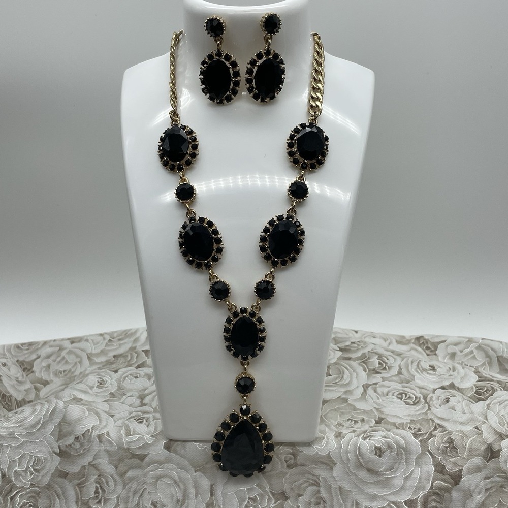 Necklace & Dangle Earrings Gold Tone Black Faceted Teardrop‎ Adjustable Fashion